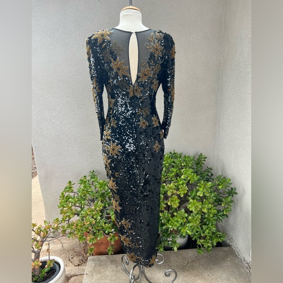 Vintage Sho Max gorgeous beaded sequins dress black bronze floral Sz M - Picture 2 of 12
